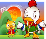 矢量公鸡小鸡风景画插画