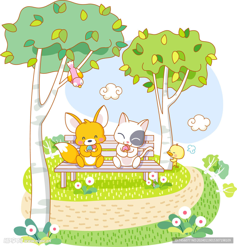 水彩木椅狐狸猫风景画插画