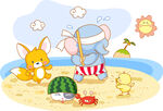 卡通大象狐狸沙滩风景画插画