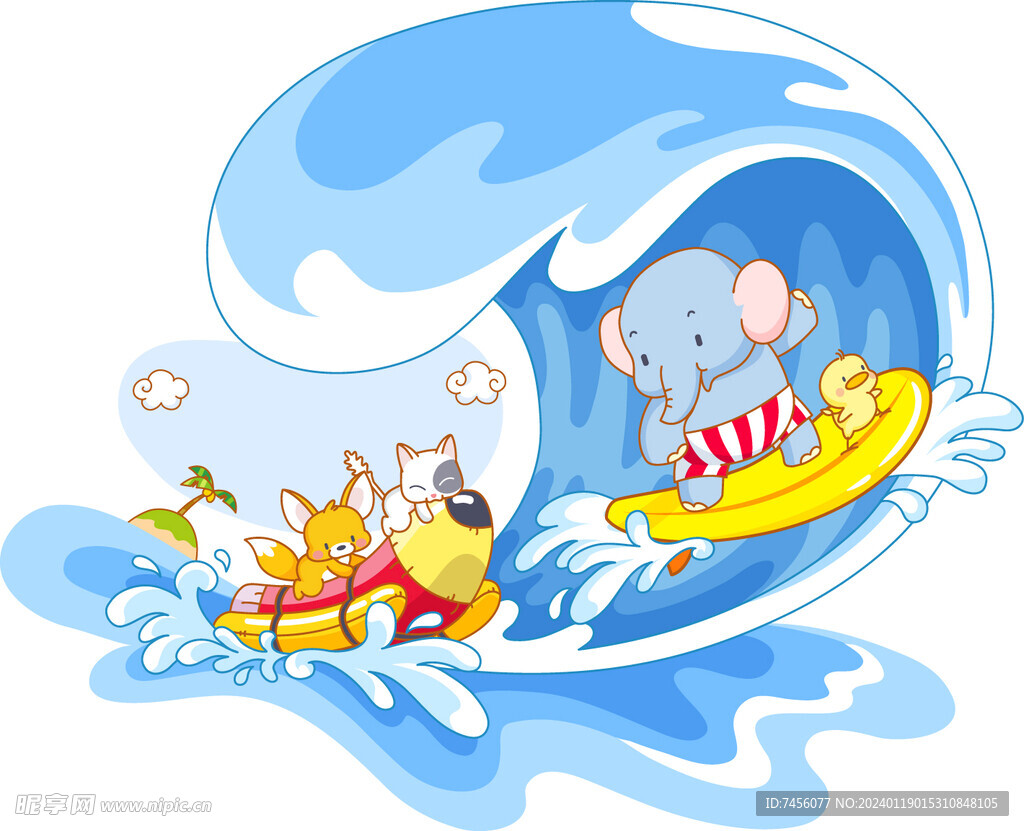 海浪海景卡通动物插画风景画
