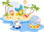 海岛游泳卡通动物风景画插画