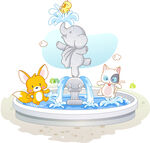 喷水池大象白猫卡通插画