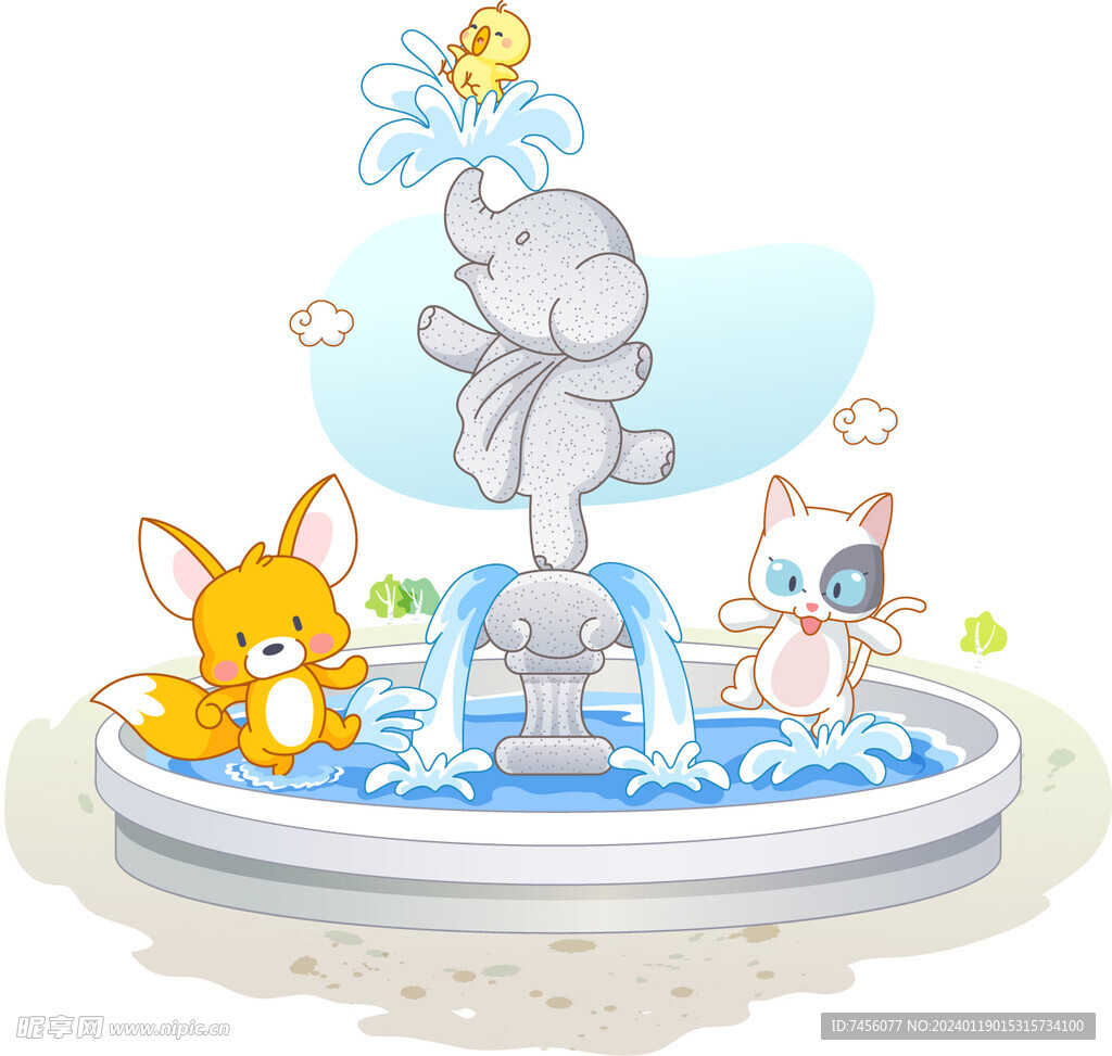 喷水池大象白猫卡通插画