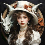 新洛可可风格，英国女孩，半身像，龙，被龙包围，白色调，珍珠项链，帽子，白色丝带，棕色系列
