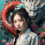 超现实主义摄影，特写，一个美丽的中国模特女孩，18岁，被一条巨大的五颜六色的绣龙所包围，浅灰色，浅洋红，浅蓝色，身着华丽的汉服，浅灰色，浅洋红，和浅蓝色