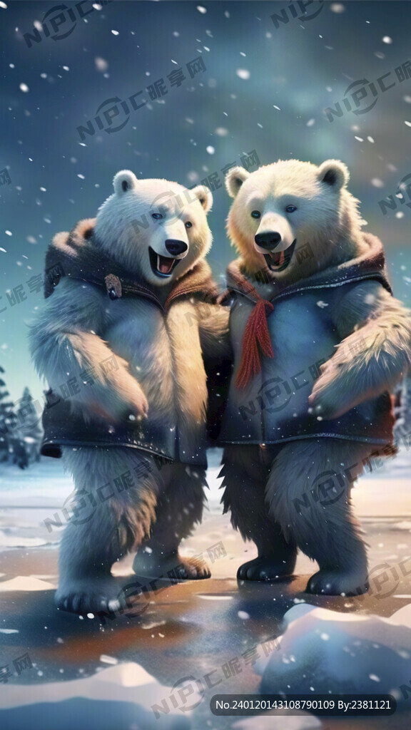 冰雪世界里两只可爱的卡通北极熊