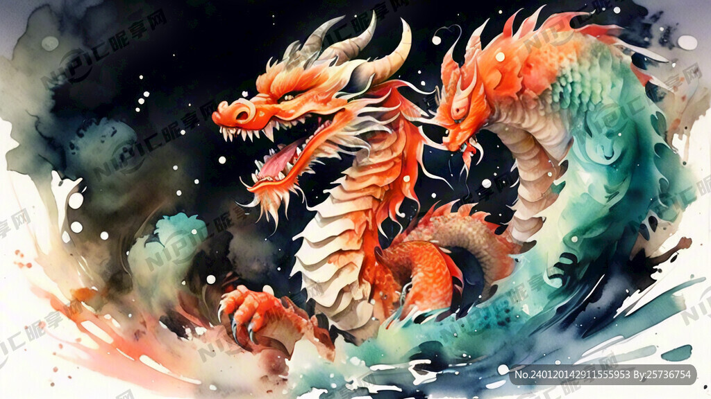 手绘 水彩 中国风 中国龙