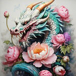 游戏梦幻唯美，中国龙，正面，国潮风格，彩色，超清晰，高清刻画，,漫天弥漫牡丹花花瓣