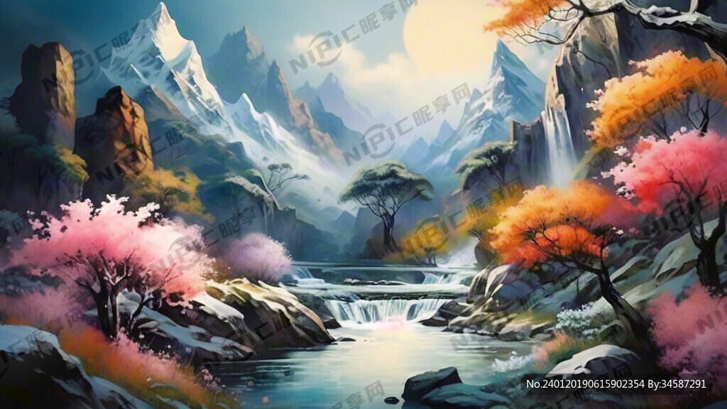 雪山森林瀑布花草原河流