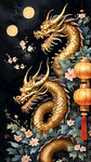 春节氛围，喜庆，有灯笼，有对联，很多条金色的中国龙