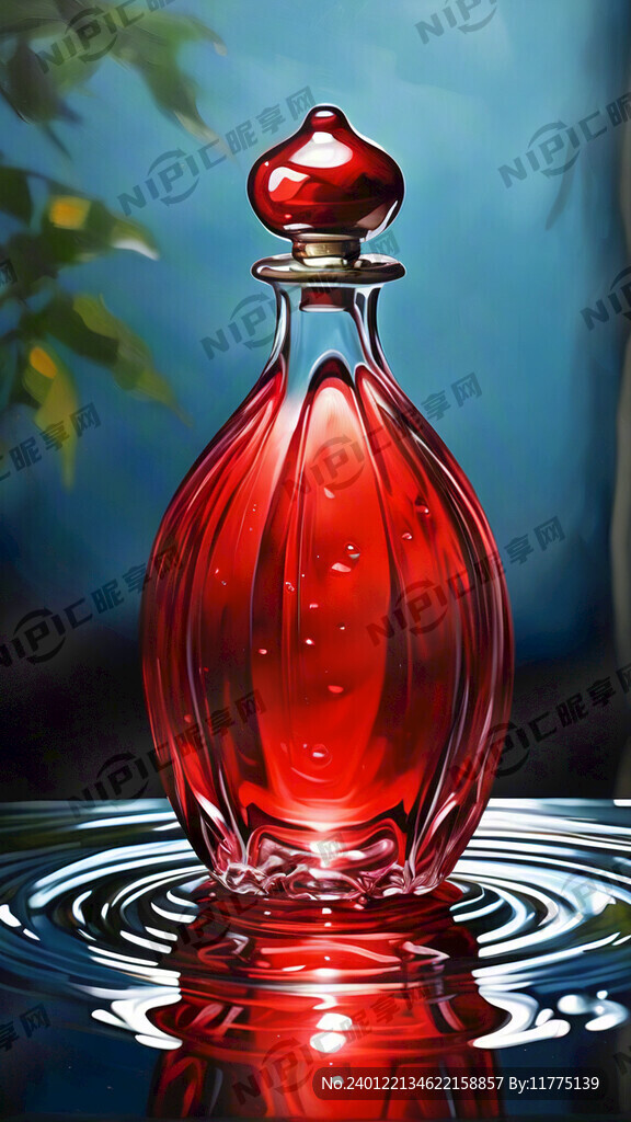 红色玻璃香水瓶 背景油画
