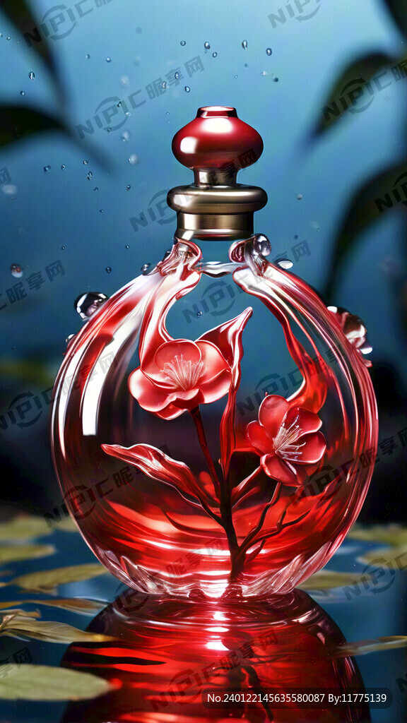 红色玻璃香水瓶 背景有花