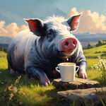 一只黑白的猪在草地上躺着喝牛奶，晴天，傍晚，小山坡，胖的猪