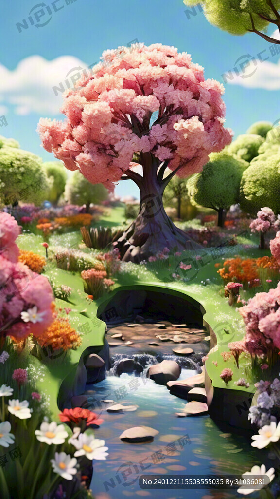 春天 3d 鲜花 河流 草坪