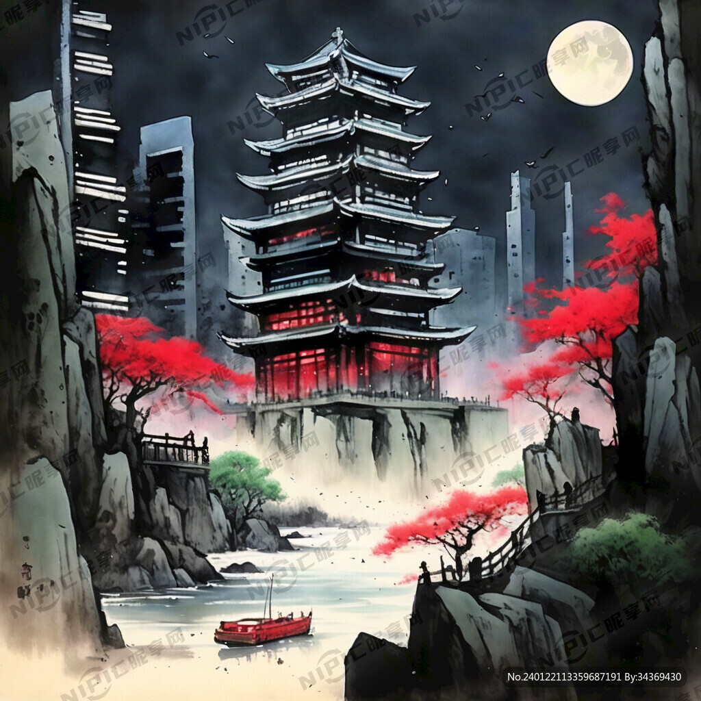 高楼大厦 水墨画