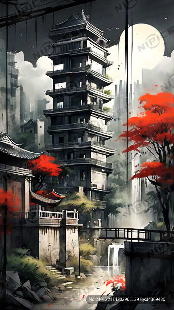 模糊的高楼 国画 水墨 中国风