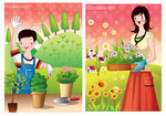 花卉盆栽植树节水彩人物插画