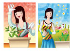 水彩美女儿童节插画风景画