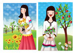 水彩女孩盆栽植树节插画
