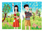 水彩男女植树节插画风景画