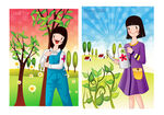 水彩女孩植树插画风景画