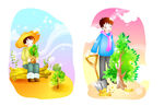 唯美植树节水彩儿童风景画插画