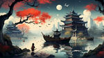中国画，江面，远处小船，船上两个小人