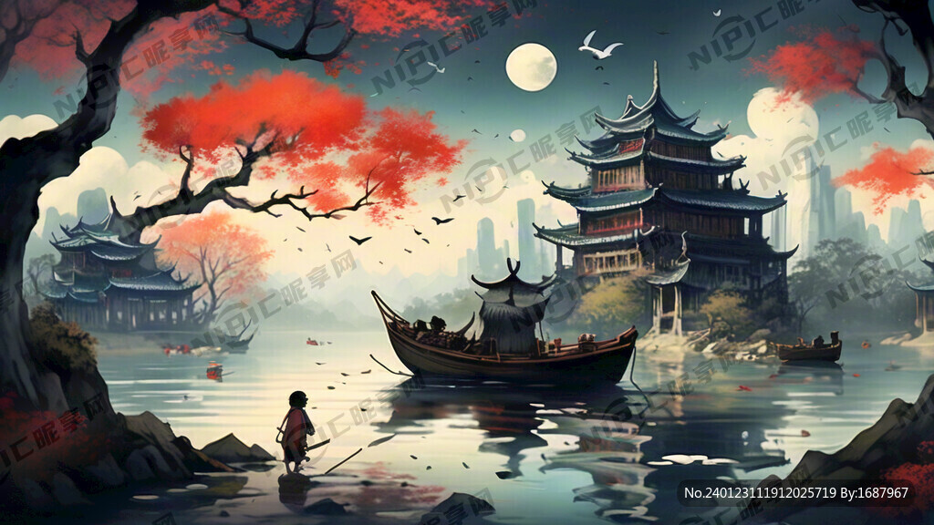 中国画 江面 远处小船