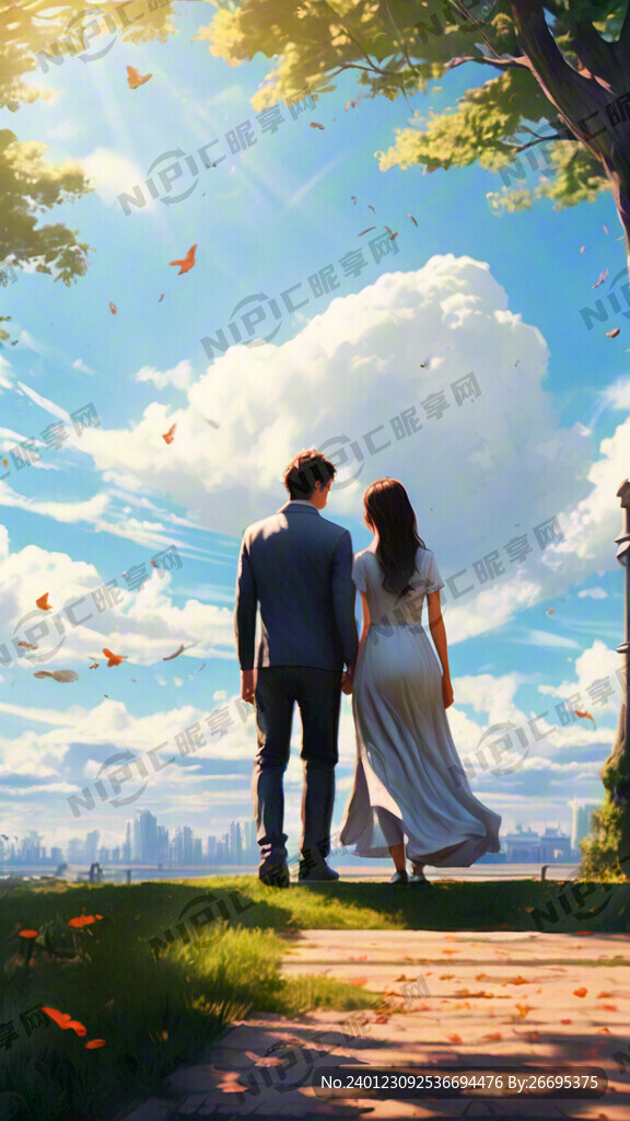 3D 蓝天 白云 大树 情侣