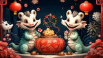 2024中国农历龙年，红色喜庆年会背景图，以共同奋斗目标的主题，同时祝福大家新年快乐 阖家幸福等等，卡通可爱风格