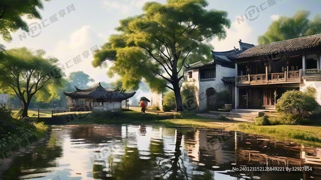 徽派乡村 炊烟 池塘边 大树