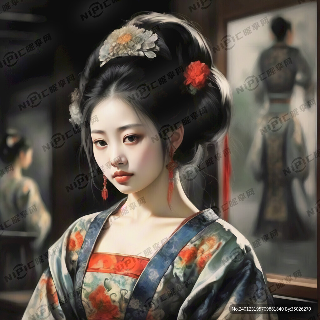 素描画唐宋美女服饰全图黑白画