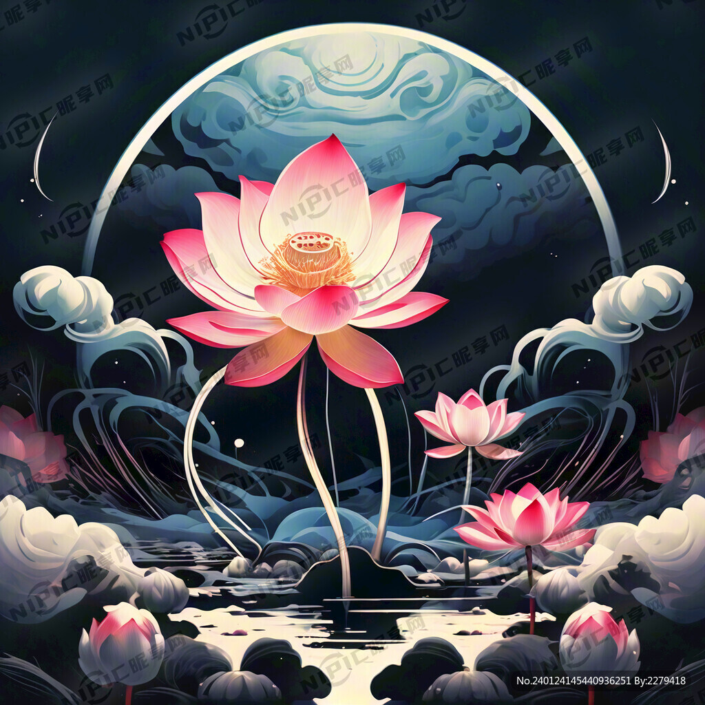 双莲蓬 荷花 祥云 线条矢量图