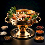 精致的单人金色小火锅 周围有很多海鲜和珍贵菌类的菜品