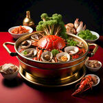 红色背景 金色的单人小火锅 周边配菜有龙虾螃蟹贝类还有珍贵的菌类松茸羊肚菌