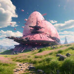 照片的山丘覆盖着粉红色的草，阳光明媚的天气，外星人的战舰，二次元，辛烷值渲染