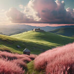 摄影，照片的山丘覆盖着粉红色的草，阳光明媚的天气，超现实，辛烷值渲染