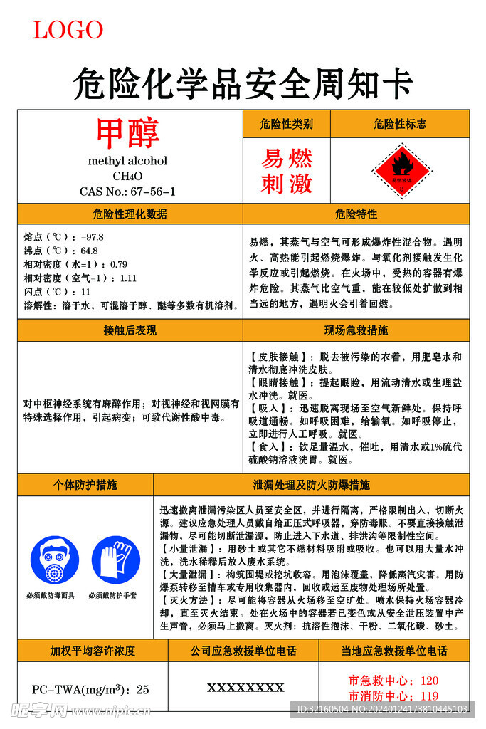 甲醇危险化学品安全周知卡