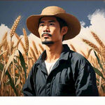 肩扛麦穗，农民，草帽，中国男性，侧脸，仰头往前看，上半身，黑白线条，铜版画