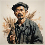 肩扛麦穗，农民，草帽，中国男性，侧脸，仰头往前看，上半身，黑白线条，铜版画