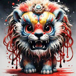 舞狮，狮头，炫彩，喷墨，中国风，喜庆，过年气息，大红色，梦幻，完整，可爱，大眼睛，新年