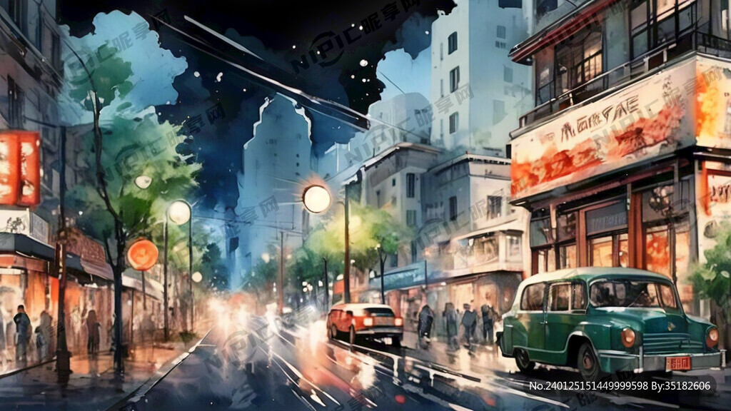 民国时期 水彩效果 街景图