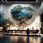 含艺米文化四个字的中国展厅，中国建筑，科技，智能体验科技馆，酷炫科幻