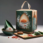 创作一个粽子的包装盒，新式中国国潮风的，细节刻画到位