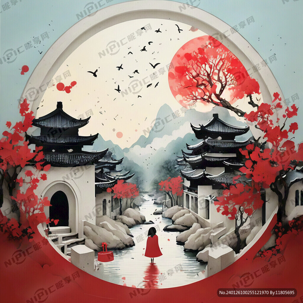 新年过年场景 红色 剪纸