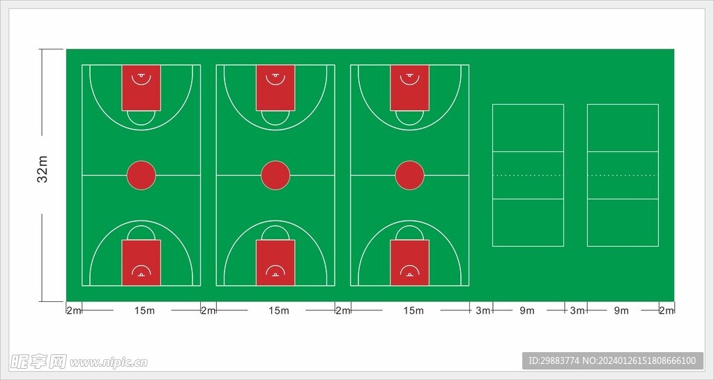 篮球和排球场平面布置矢量图彩块