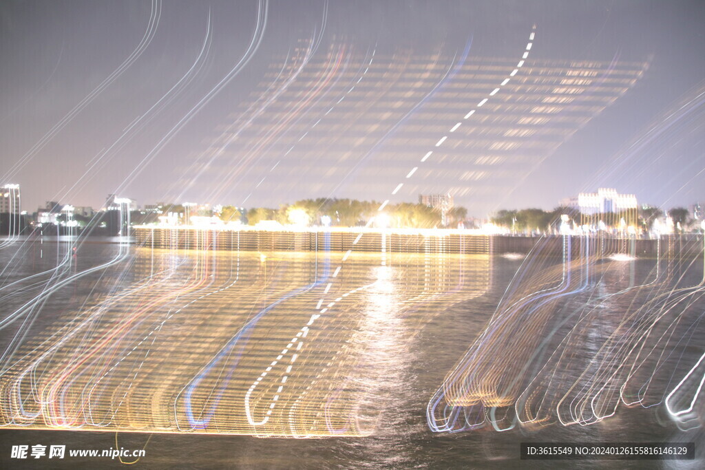 绚丽灯光城市江边夜景