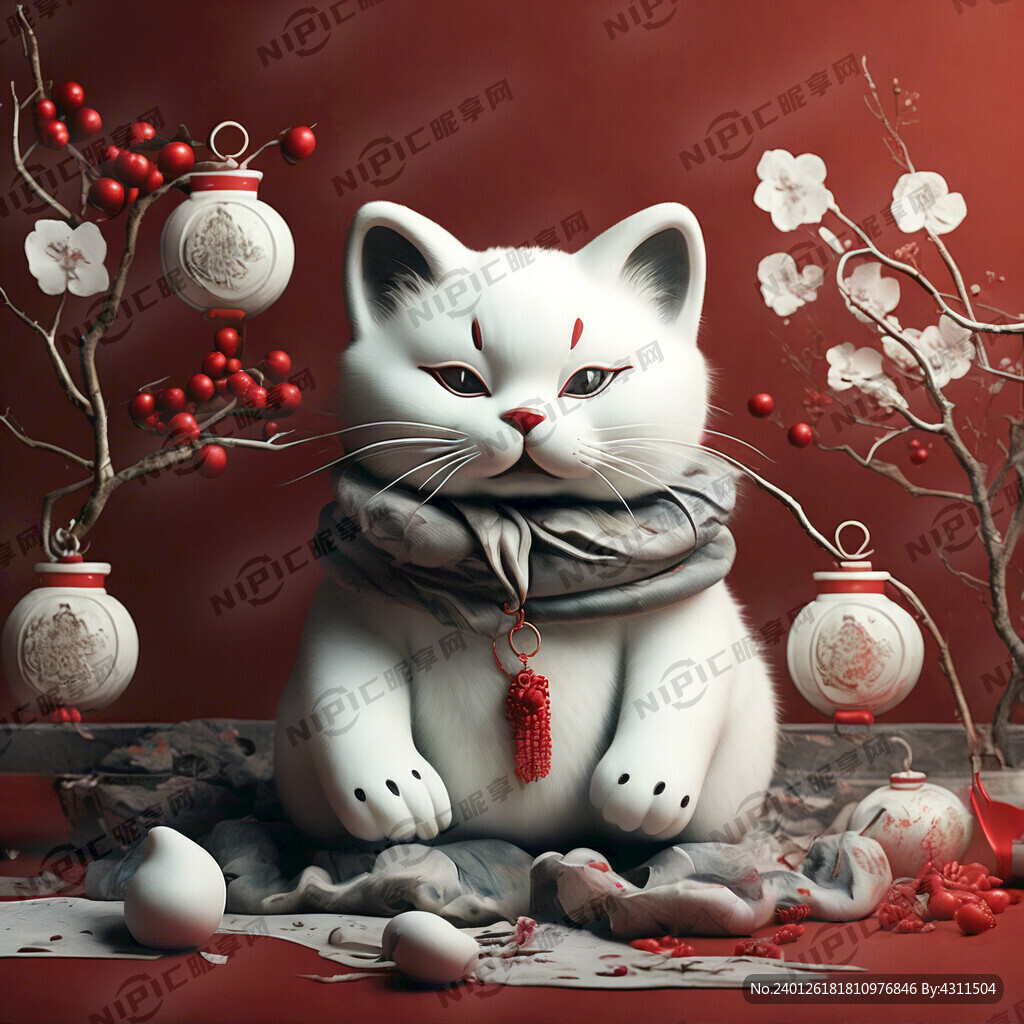 白色招财猫 年味 中国红色背景
