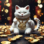 白色招财猫，带金项链，地上金元宝，年味，红色背景，中国，辛烷值渲染，平滑，商业摄影
