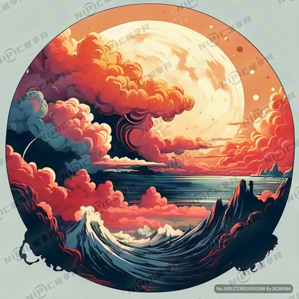 复古   夕阳云彩   插画